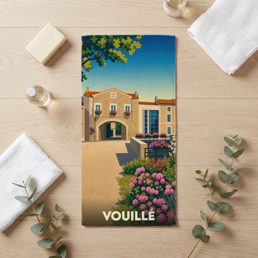 Serviette de bain souvenir de la ville de Vouillé avec une illustration stylisée.
