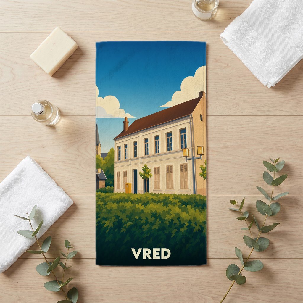 Serviette de bain souvenir de la ville de Vred avec une illustration stylisée d'un bâtiment historique.