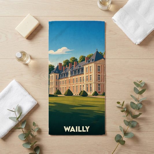 Serviette de bain souvenir de la ville de Wailly illustrée d'un château de style classique.