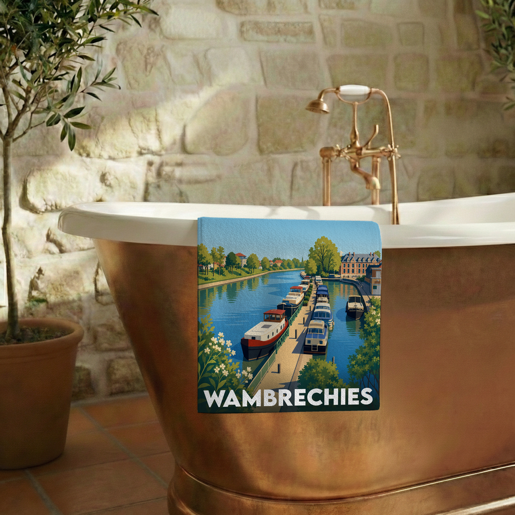 Serviette de bain souvenir de la ville de Wambrechies avec une illustration stylisée.