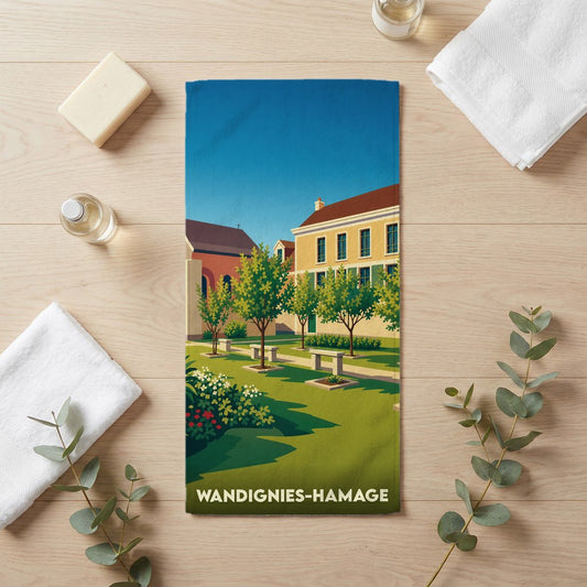 Serviette de bain souvenir de Wandignies-Hamage avec une illustration stylisée d'un parc de la ville.
