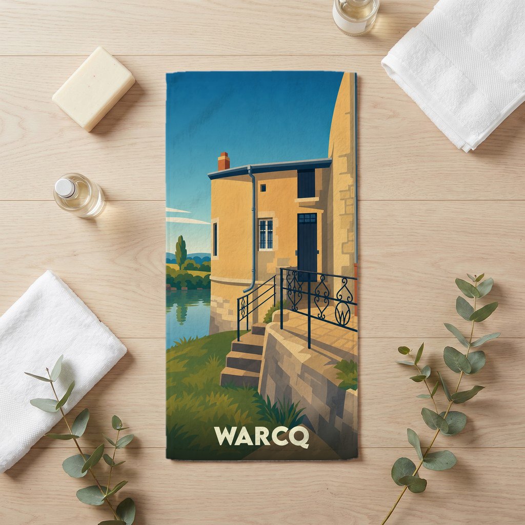 Serviette de bain souvenir de la ville de Warcq avec une illustration stylisée d'un bâtiment au bord de l'eau.