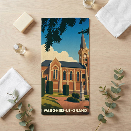 Serviette de bain souvenir de la ville de Wargnies-le-Grand avec une illustration stylisée de son église.