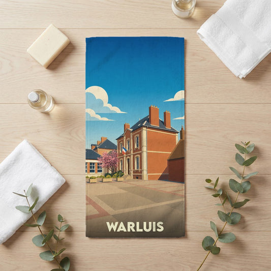 Serviette de bain souvenir de la ville de Warluis avec une illustration stylisée.