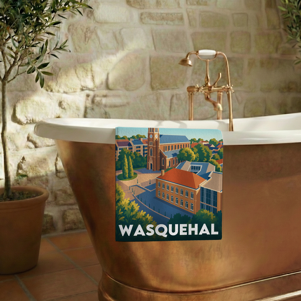 Serviette de bain souvenir de la ville de Wasquehal avec une illustration stylisée.