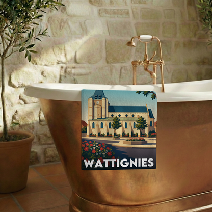 Serviette de bain souvenir de la ville de Wattignies avec une illustration stylisée de son église.