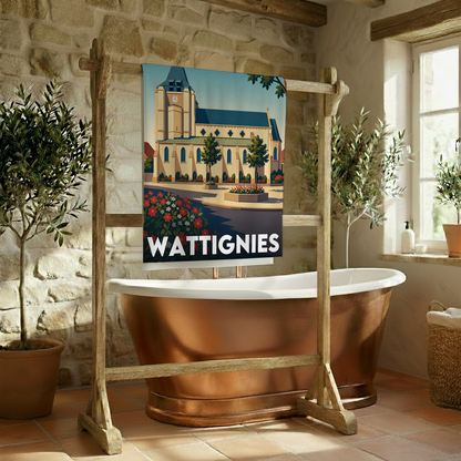Serviette de bain souvenir de la ville de Wattignies avec une illustration stylisée de son église.