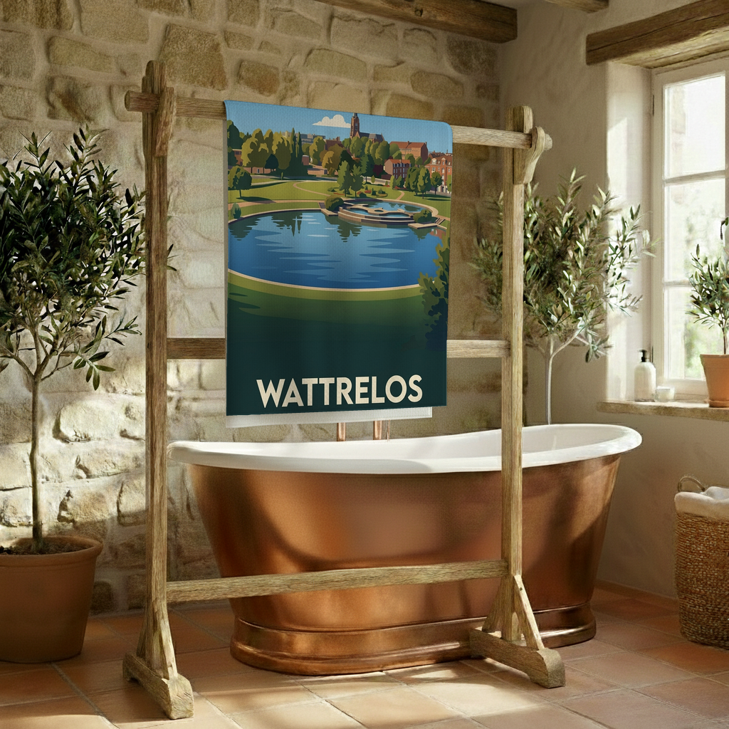 Serviette de bain souvenir de la ville de Wattrelos avec une illustration stylisée d'un parc.