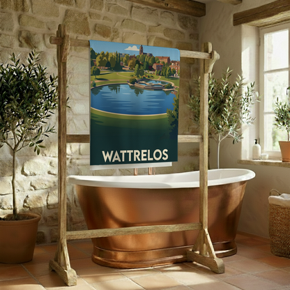 Serviette de bain souvenir de la ville de Wattrelos avec une illustration stylisée d'un parc.