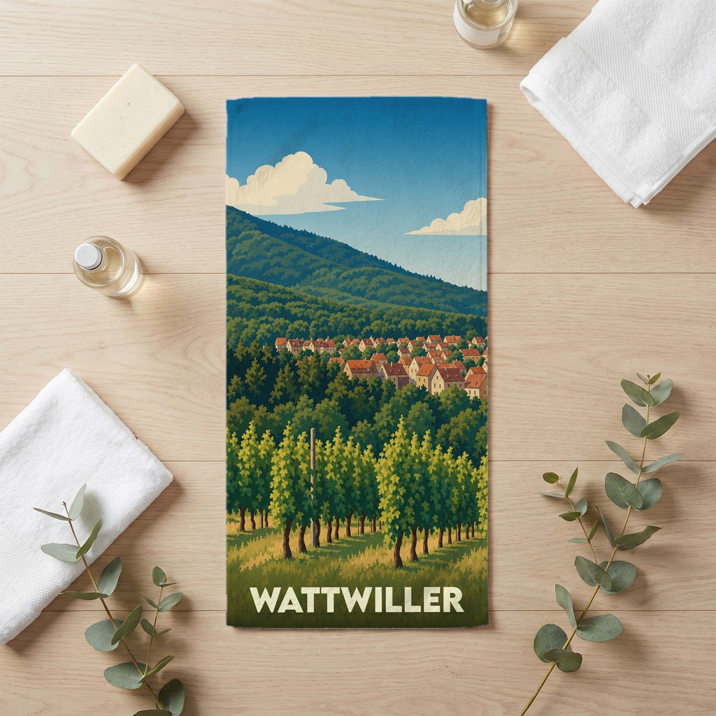 Serviette de bain souvenir de la ville de Wattwiller avec une illustration stylisée de son paysage.