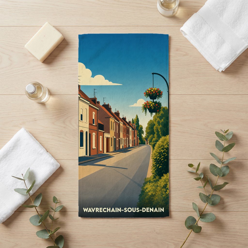 Serviette de bain souvenir de Wavrechain-sous-Denain illustrée d'une rue pittoresque dans un style rétro.