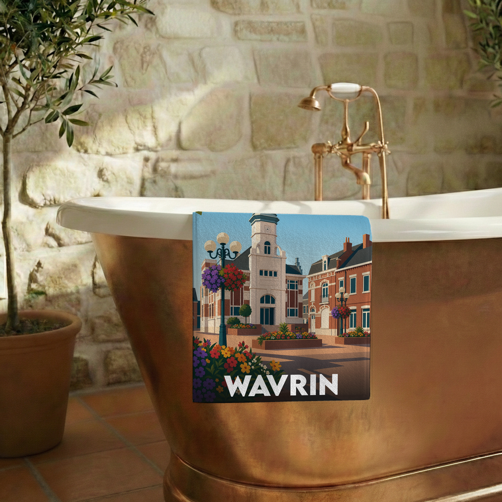 Serviette de bain souvenir de la ville de Wavrin avec une illustration stylisée.