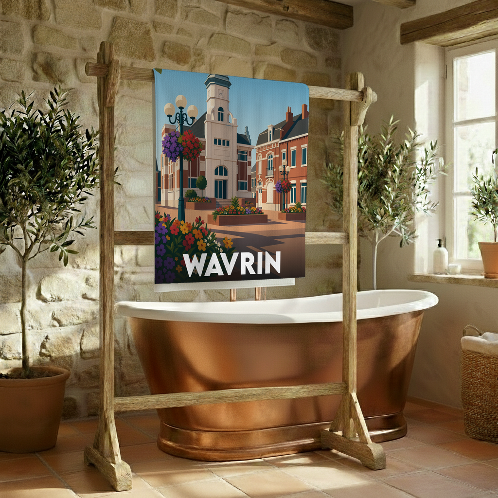Serviette de bain souvenir de la ville de Wavrin illustrée d'un style rétro coloré.