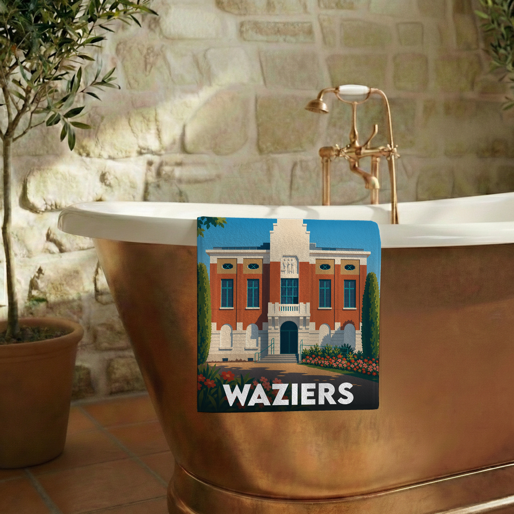 Serviette de bain souvenir de la ville de Waziers avec une illustration stylisée de son hôtel de ville.
