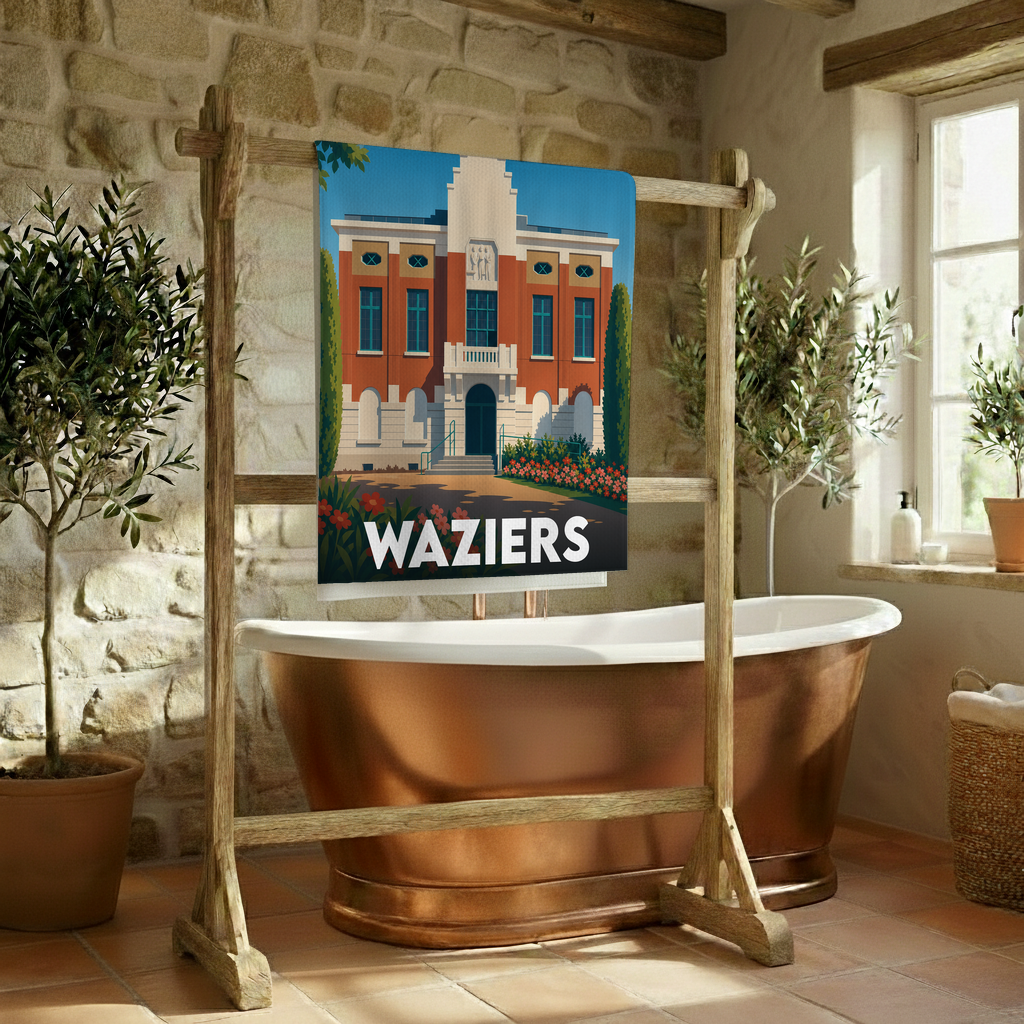 Serviette de bain souvenir de la ville de Waziers avec une illustration stylisée de son hôtel de ville.