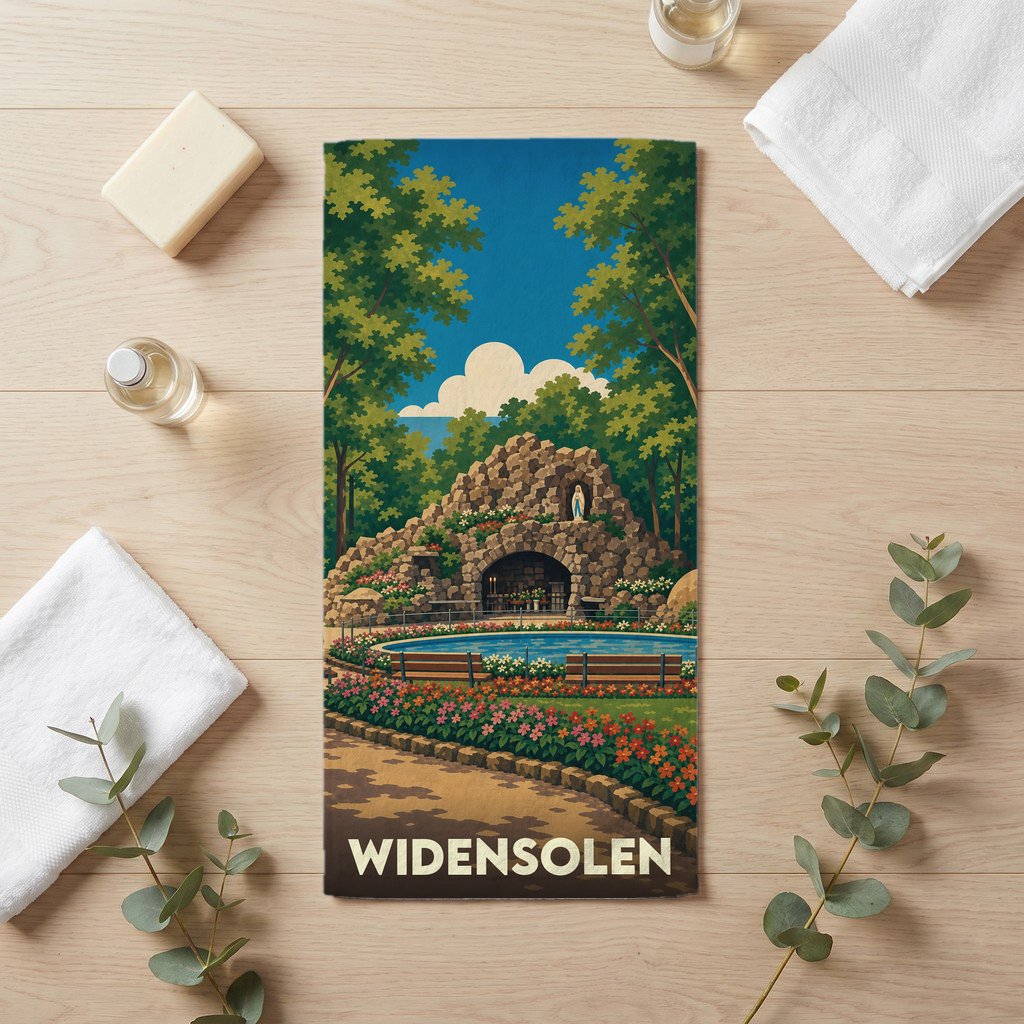 Serviette de bain souvenir de la ville de Widensolen avec une illustration stylisée d'une grotte fleurie.