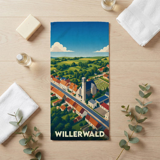 Serviette de bain souvenir de la ville de Willerwald avec une illustration stylisée.