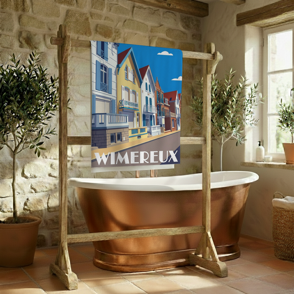 Serviette de bain souvenir de la ville de Wimereux avec une illustration stylisée.