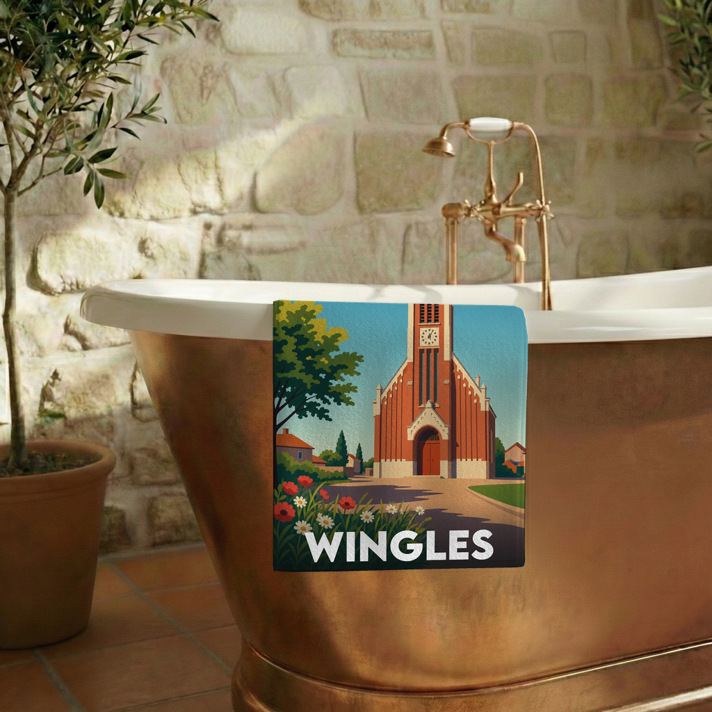 Serviette de bain souvenir de la ville de Wingles avec une illustration stylisée de son église.
