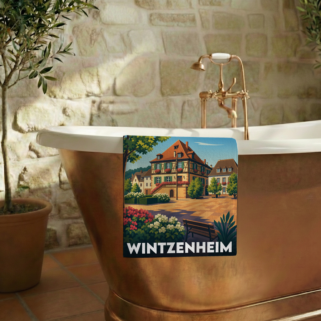 Serviette de bain souvenir de la ville de Wintzenheim illustrant une place de village typique et fleurie.