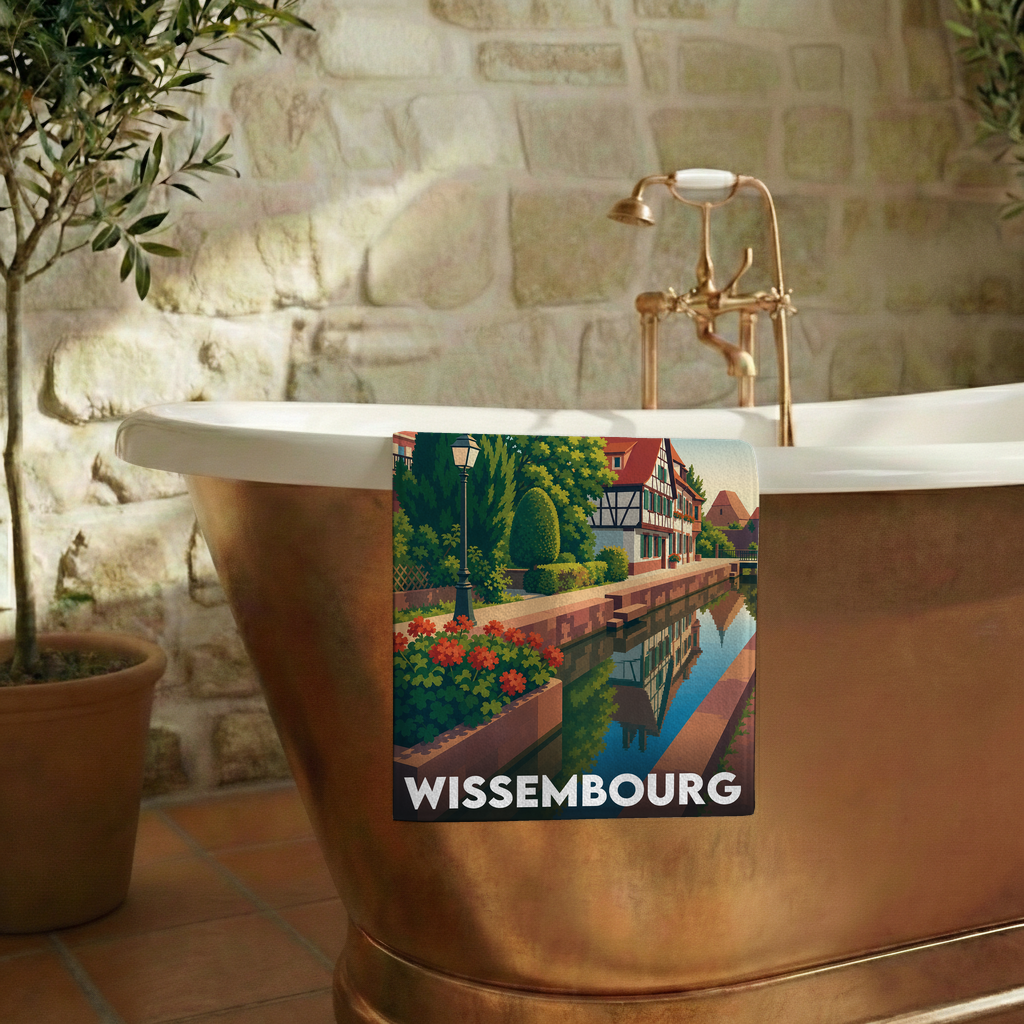 Serviette de bain souvenir de la ville de Wissembourg avec une illustration stylisée.