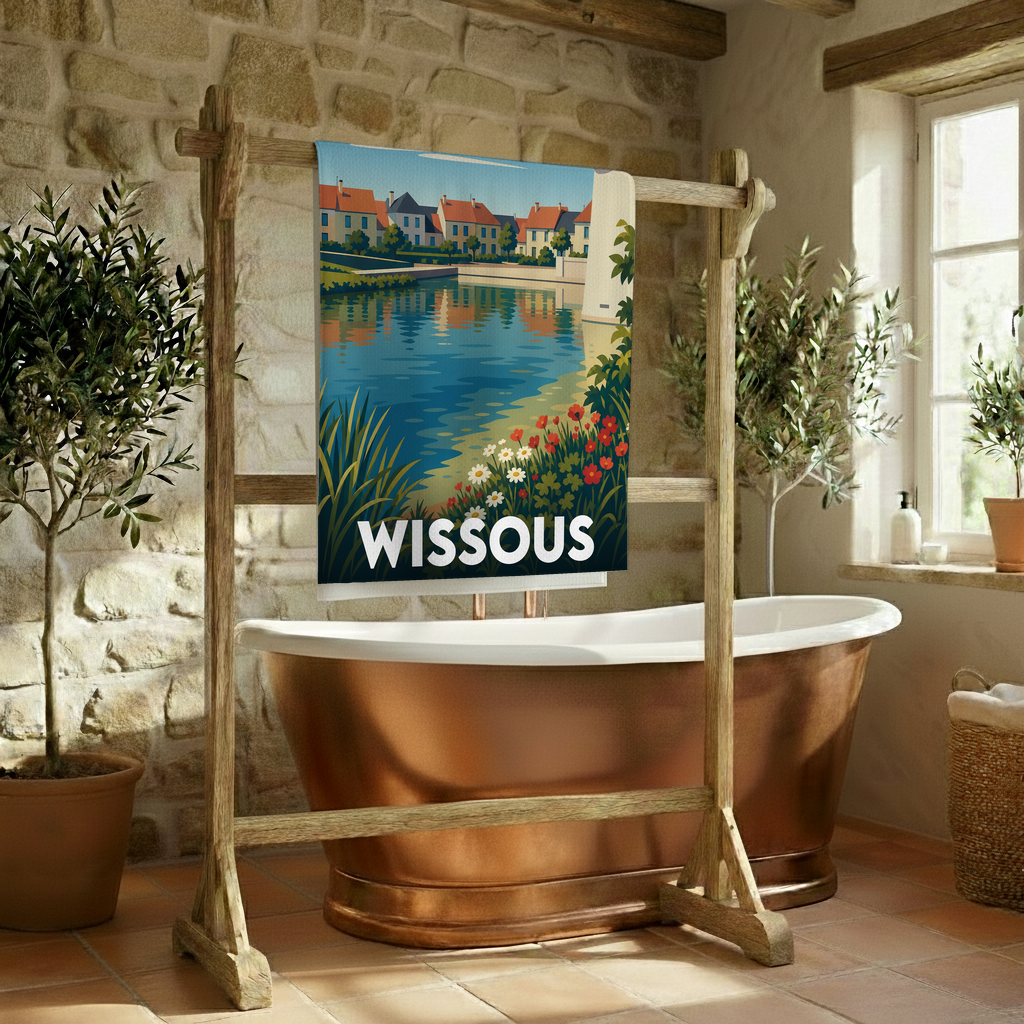 Serviette de bain souvenir de la ville de Wissous avec une illustration stylisée.