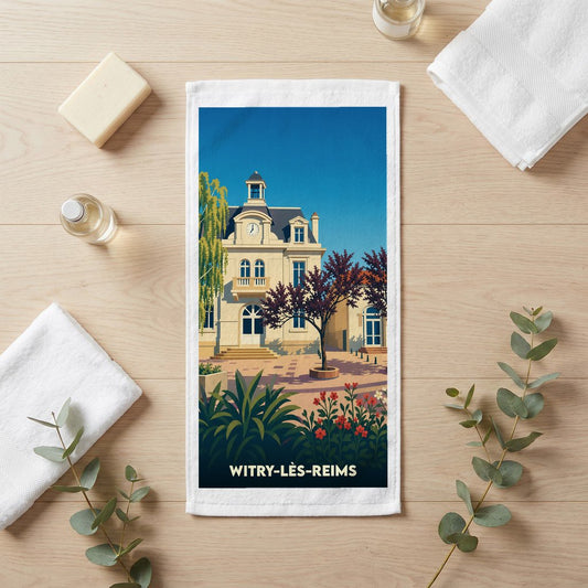 Serviette de bain souvenir de la ville de Witry-lès-Reims avec une illustration stylisée de l'hôtel de ville.