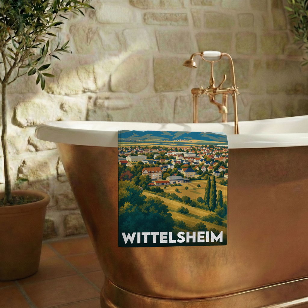 Serviette de bain souvenir de la ville de Wittelsheim avec une illustration stylisée de son paysage urbain.