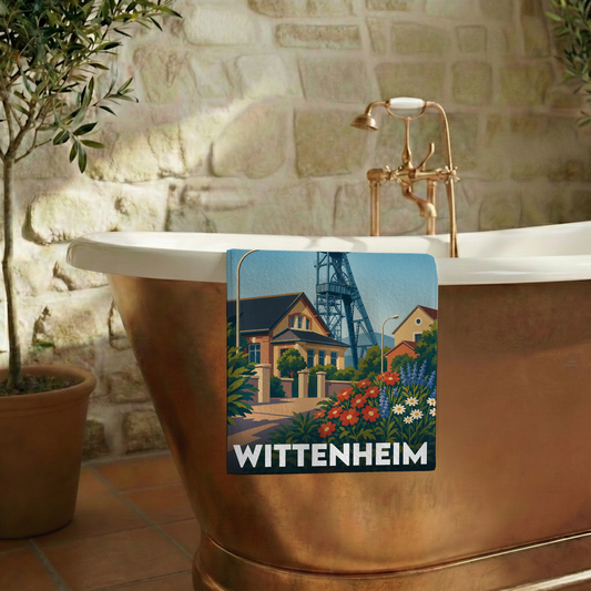 Serviette de bain souvenir de la ville de Wittenheim avec une illustration stylisée.
