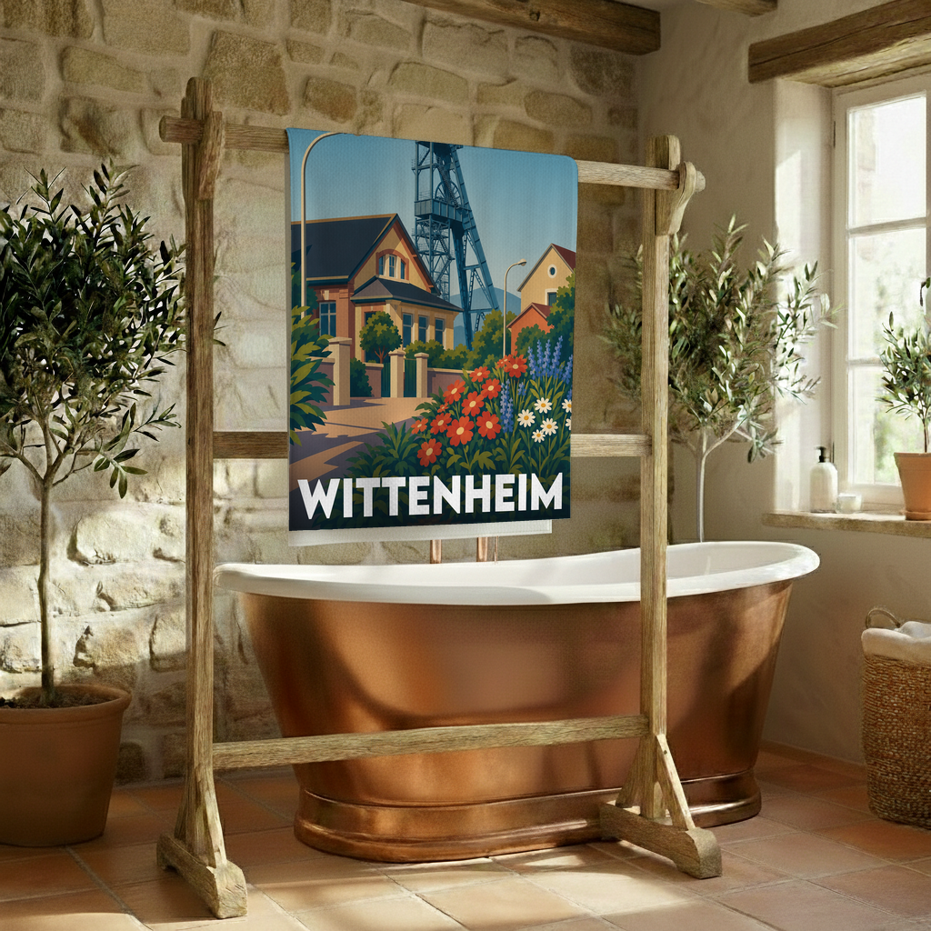 Serviette de bain souvenir de la ville de Wittenheim ornée d'une illustration stylisée de son paysage.