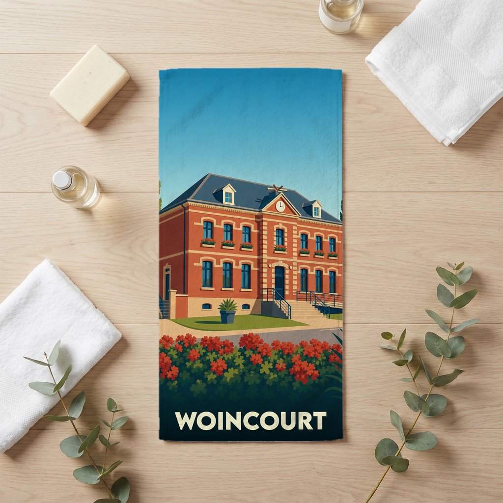 Serviette de bain souvenir de la ville de Woincourt avec une illustration stylisée de son hôtel de ville.