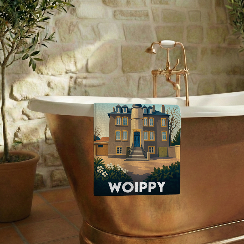 Serviette de bain souvenir de la ville de Woippy avec une illustration stylisée.