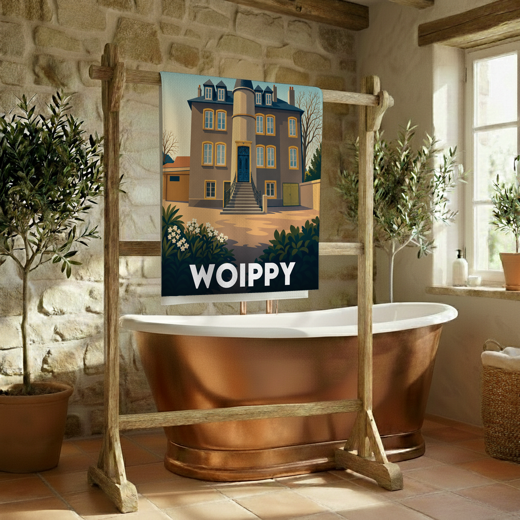 Serviette de bain souvenir de la ville de Woippy avec une illustration stylisée.