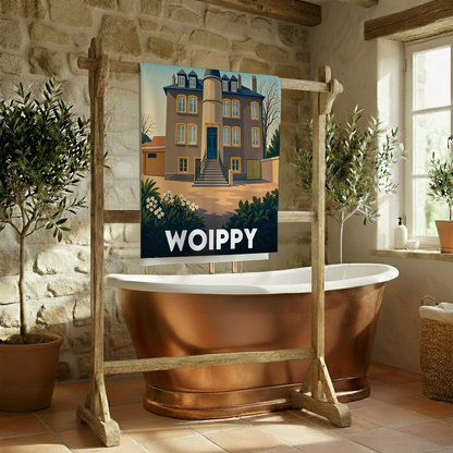 Serviette de bain souvenir de la ville de Woippy avec une illustration stylisée.