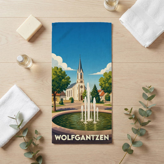 Serviette de bain souvenir de la ville de Wolfgantzen avec une illustration stylisée d'une église et d'une fontaine.