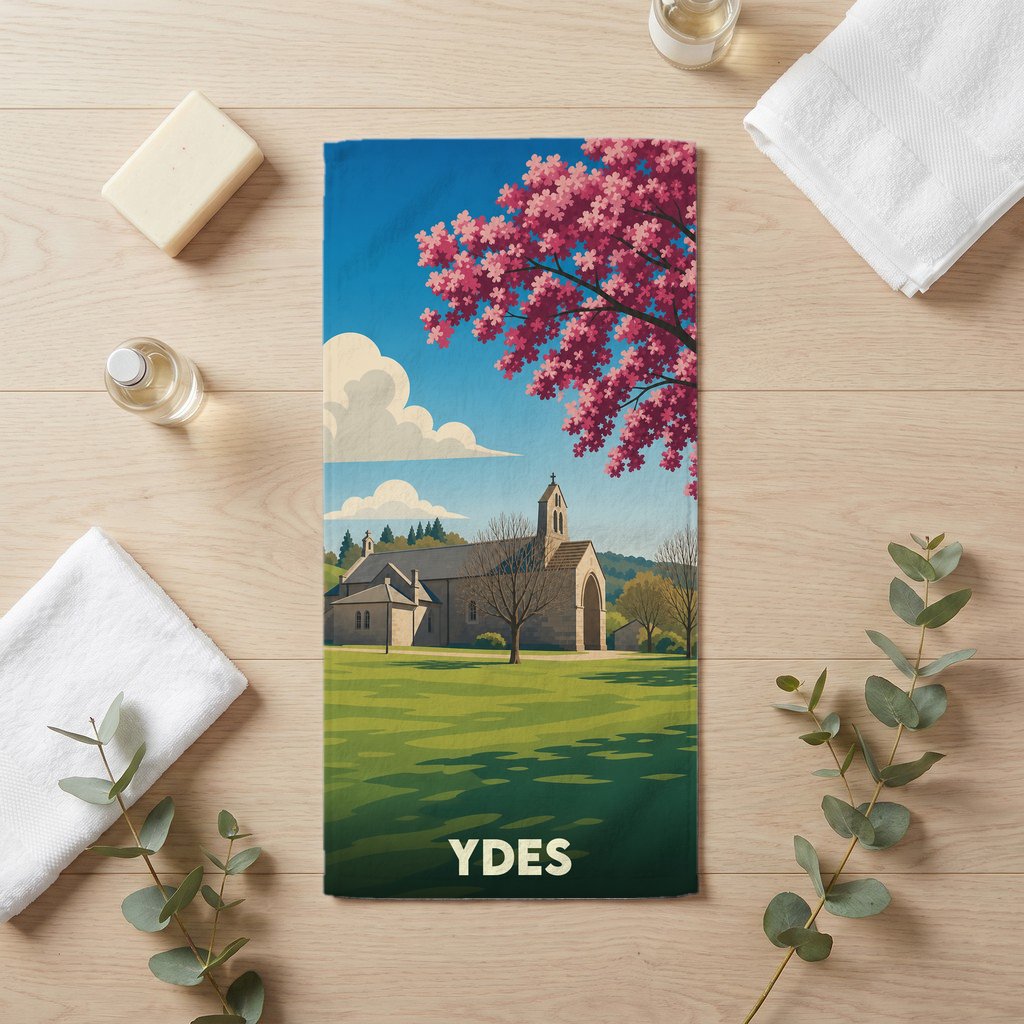 Serviette de bain souvenir de la ville de Ydes avec une illustration stylisée d'une église et d'un arbre en fleurs.
