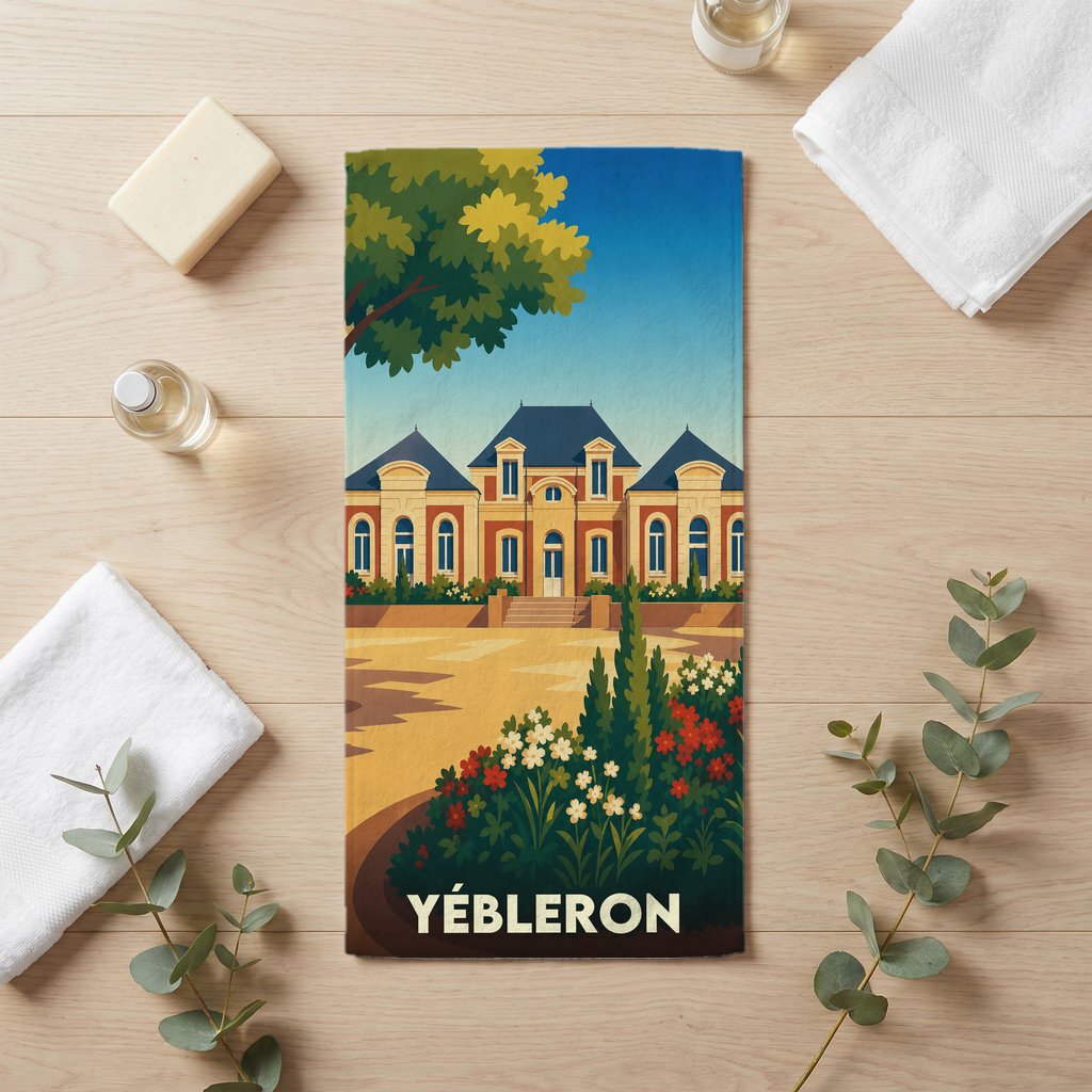 Serviette de bain souvenir de la ville de Yébleron ornée d'une illustration stylisée de son patrimoine architectural.