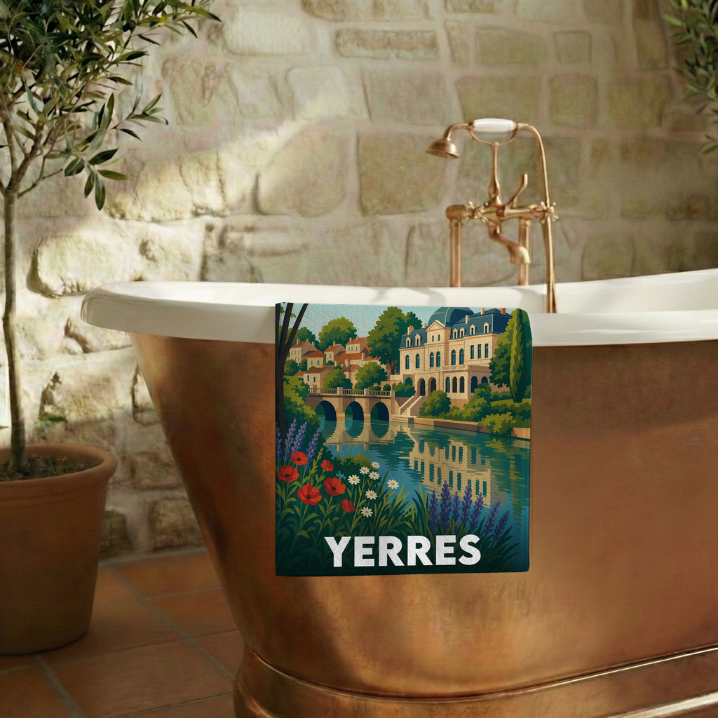Serviette de bain souvenir de la ville d'Yerres avec une illustration stylisée d'un manoir au bord de l'eau.