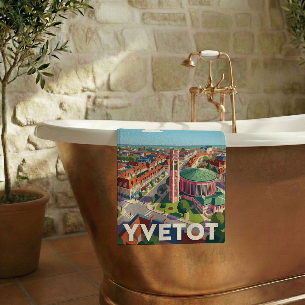 Serviette de bain souvenir de la ville de Yvetot avec une illustration stylisée.