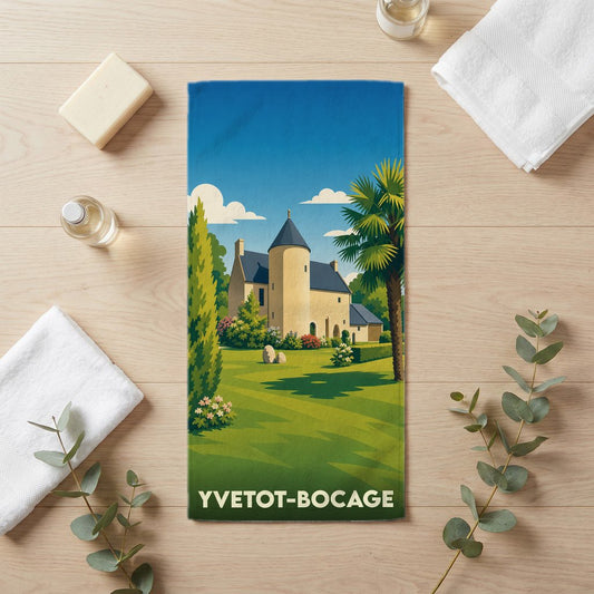 Serviette de bain souvenir de la ville d'Yvetot-Bocage avec une illustration stylisée d'un château.