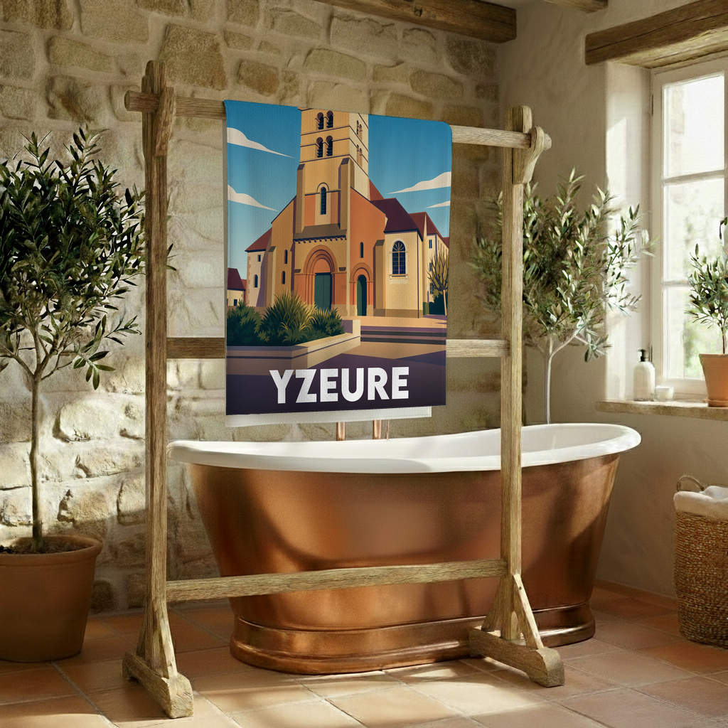 Serviette de bain souvenir de la ville d'Yzeure avec une illustration stylisée.