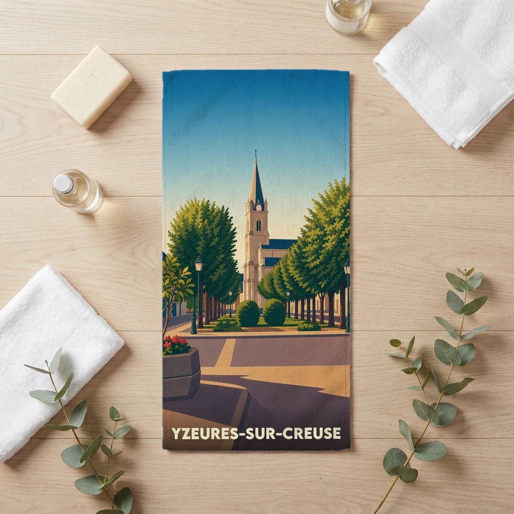 Serviette de bain souvenir de la ville de Yzeures-sur-Creuse avec une illustration stylisée.