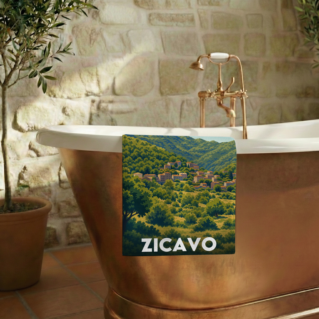 Serviette de bain souvenir de la ville de Zicavo avec une illustration stylisée.