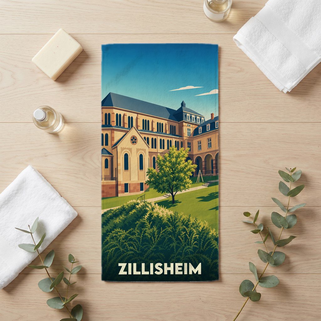 Serviette de bain souvenir de la ville de Zillisheim avec une illustration stylisée.