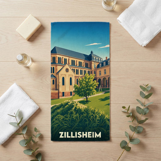 Serviette de bain souvenir de la ville de Zillisheim avec une illustration stylisée.