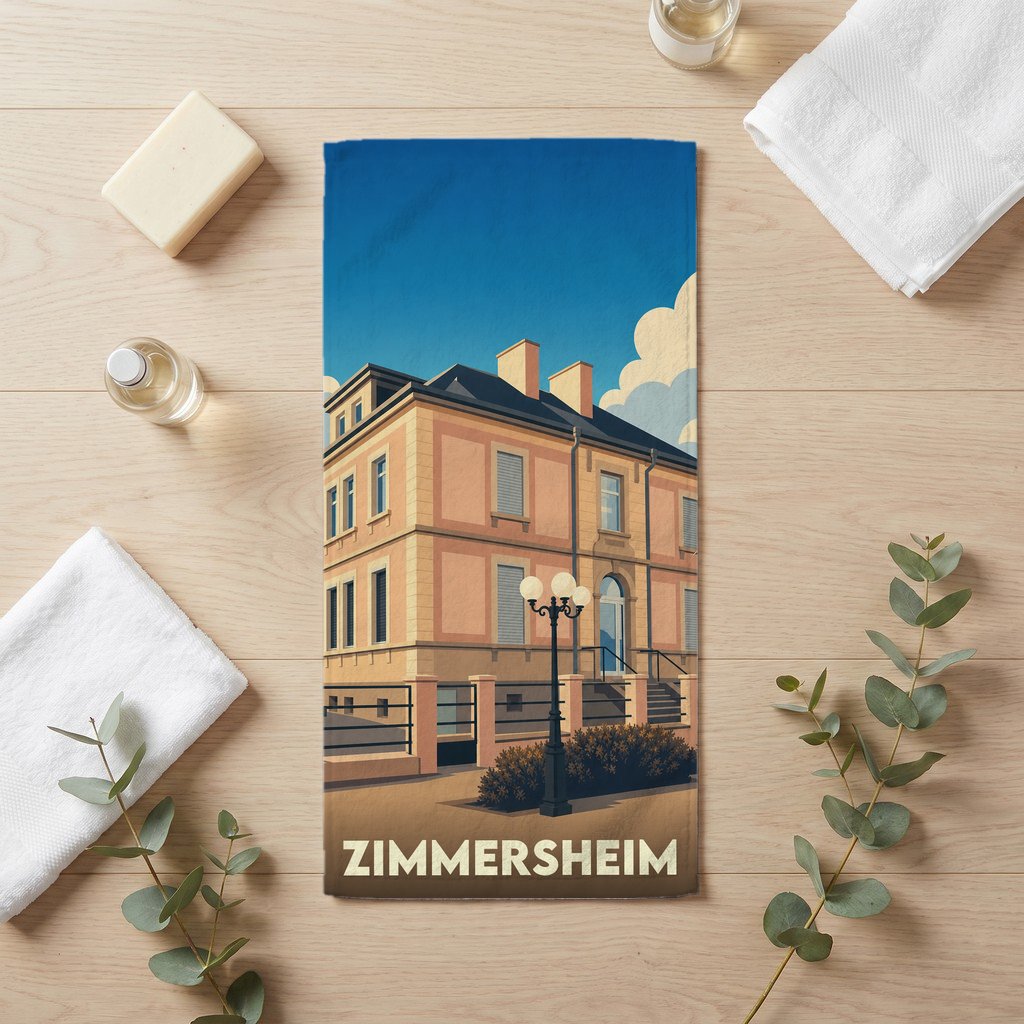 Serviette de bain souvenir de la ville de Zimmersheim avec une illustration stylisée d'un bâtiment remarquable.