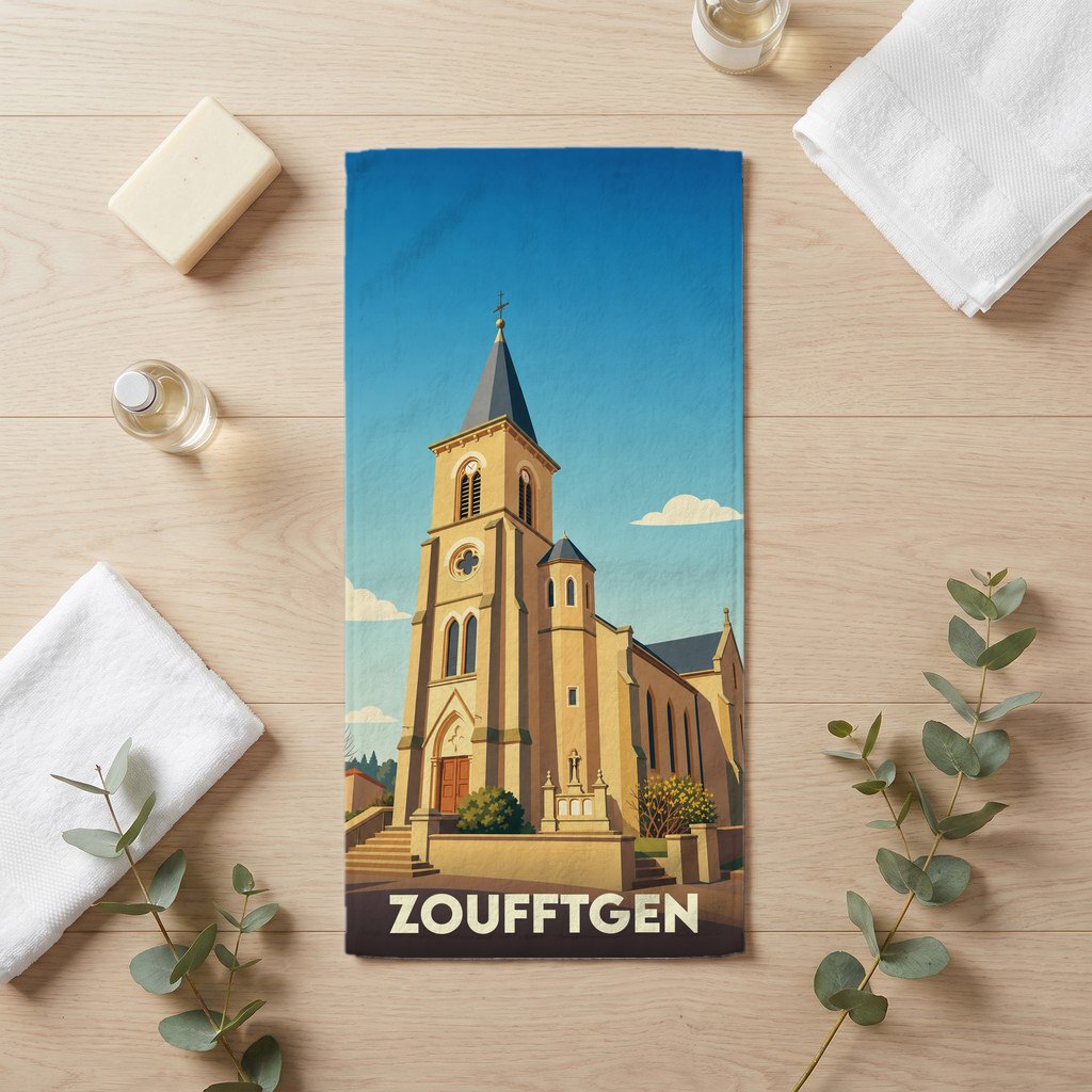 Serviette de bain souvenir de la ville de Zoufftgen illustrée d'une église de style vintage.