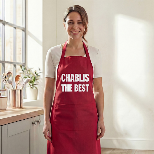 Tablier de cuisine rouge souvenir de la ville de Chablis avec l'inscription blanche "CHABLIS THE BEST".