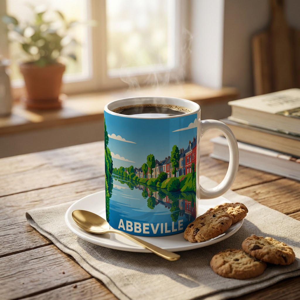 Mug souvenir de la ville d'Abbeville avec une illustration stylisée d'un paysage au bord de l'eau.