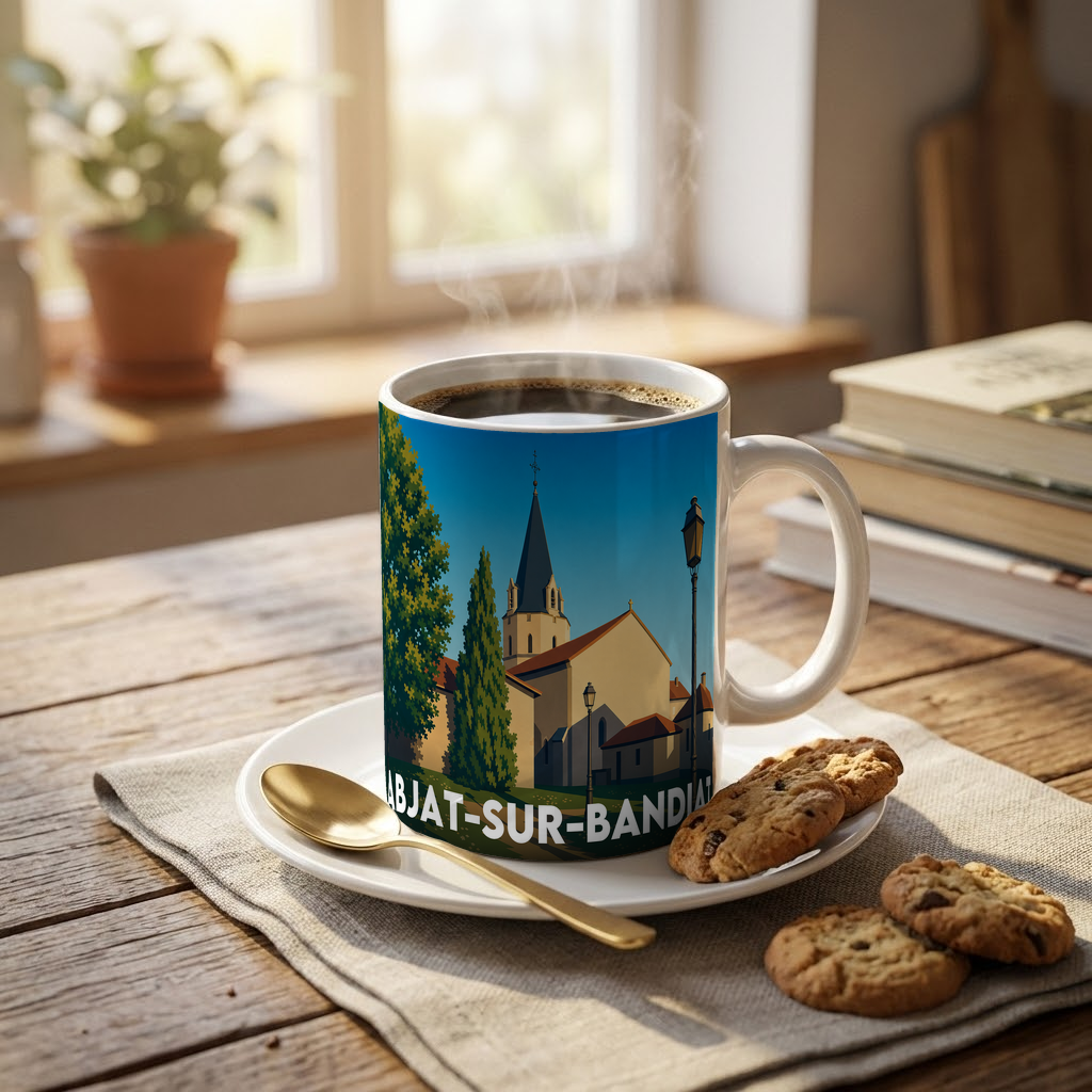 Mug souvenir de la ville d'Abjat-sur-Bandiat avec une illustration stylisée.